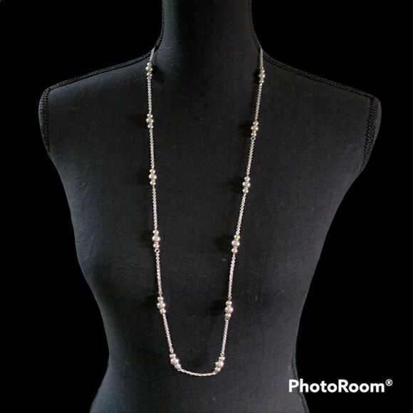Silver Tone Chain & Bead Necklace + Dangle Earrings Set Shiny Patina Adjustable - Picture 1 of 5